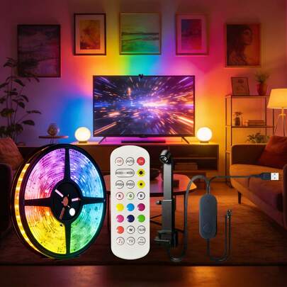 1 قطعة شريط إضاءة خلفية LED RGBIC. مزود بجهاز تحديد الألوان AR، مزامنة ألوان الشاشة في الوقت الفعلي. يعمل بالطاقة عبر USB، مناسب لأنواع مختلفة من التلفزيونات والشاشات، لخلق جو مريح. مناسب أيضًا لغرفة الألعاب والمسرح المنزلي والنوم وإضاءة ديكورية لغرفة المعيشة.