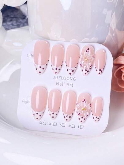 10pcs Handmade Almond-Shaped Apricot Polka Dot 3D Floral French Manicure, Brightening Handcrafted Nail Stickers
