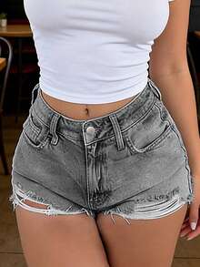Asymmetrical Frayed Hem Distressed Ripped Wide Leg Denim Shorts, Sexy Style - Light Grey - View 4