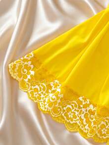 两件套撞色花卉蕾丝睡衣套装，V领半透明蝴蝶结睡裙和内裤，优雅女士睡衣 - 黃色 - 查看 6