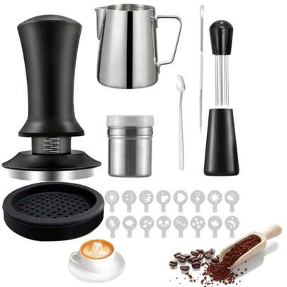 Set de Tamper Manual para Espresso 58mm Kit Barista 23 Piezas con Herramienta WDT Jarra Espumar Leche Pluma Arte Latte Palillo Caf Alfombrilla