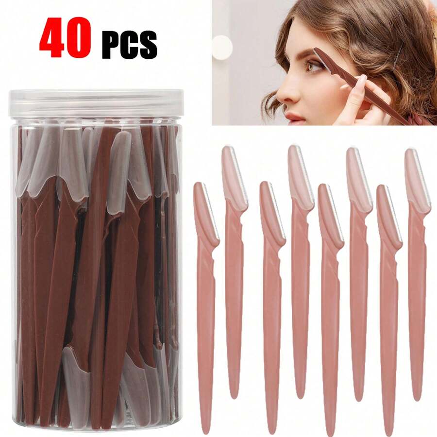 5/10/30/40pcs Unisex Face Razor, Multi-Purpose Eyebrow Trimmer, Facial Hair Removal Tool, Silicone Guard Eyebrow Trimmer, Easy Shaving Knife - Brown - View 1