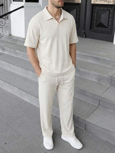 男士复古休闲通勤短袖Polo衫和斜插口袋休闲裤套装