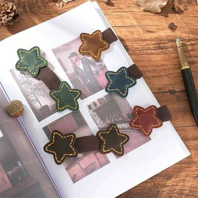 Vintage Star Pattern Leather Magnetic Bookmark With Pen Clip, Creative Multi-Function Stationery For Horse Year Gift