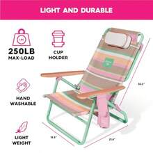 ROXY - Silla de playa para exteriores silla plegable ligera con reclinable ajustable y soporte para vasos días de playa sillas de piscina sillas de camping plegables silla de bronceado o festival - Rosa/Verde - Ver 3