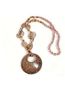 1pc Bohemian Style Vintage Random Glass Bead & Acrylic Hollow Disc Pendant Necklace, Suitable For Daily Casual Wear With Sweaters & Coats In Autumn/Winter - Brown - View 3