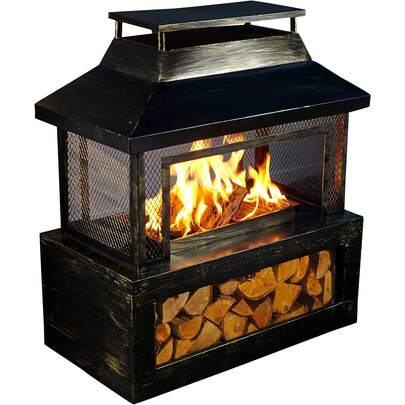 Steel Outdoor Garden Log Burner Burning Fire Pit Chiminea Heater Stove Mesh Surround Storage