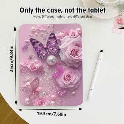 1pc Rose, Butterfly & Faux Pearl Pattern Flip Cover Tablet Case With Pen Slot, 720 Degree Rotating Stand, PU Leather Case With Auto Sleep/Wake Function, Suitable For Huawei, Honor, Apple, Tablets, Suitable For Back To School, Valentine's Day