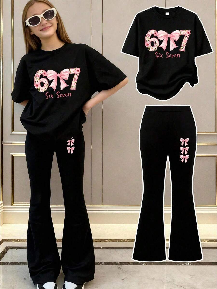 女童两件套：67数码印花粉色蝴蝶结T恤+粉色蝴蝶结喇叭裤。甜美时尚的情人节装扮，透气舒适，适合女孩日常外出，是春夏两季的理想之选。 - 黑色 - 查看 1
