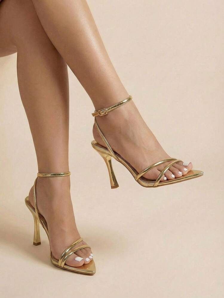 Women's Summer Gold Thin High Heel Lace-Up Sandals, Pointed Toe Adjustable Ankle Strap High Heel Sandals, Elegant Bohemian Style Dress Shoes, Suitable For Vacation, Party, Prom, Wedding And Other Occasions, Women's Dance Shoes Sandals, Women's High Heels, Comfortable And Stable Heels, Non-Slip Rubber Soles, Summer Essential Breathable Lining, Comfortable Insole, Low Heel Design, Suitable For Formal Occasions, Banquets, Anniversaries, Can Be Paired With Pants, Dresses, Skirts, Etc. - Gold - View 1