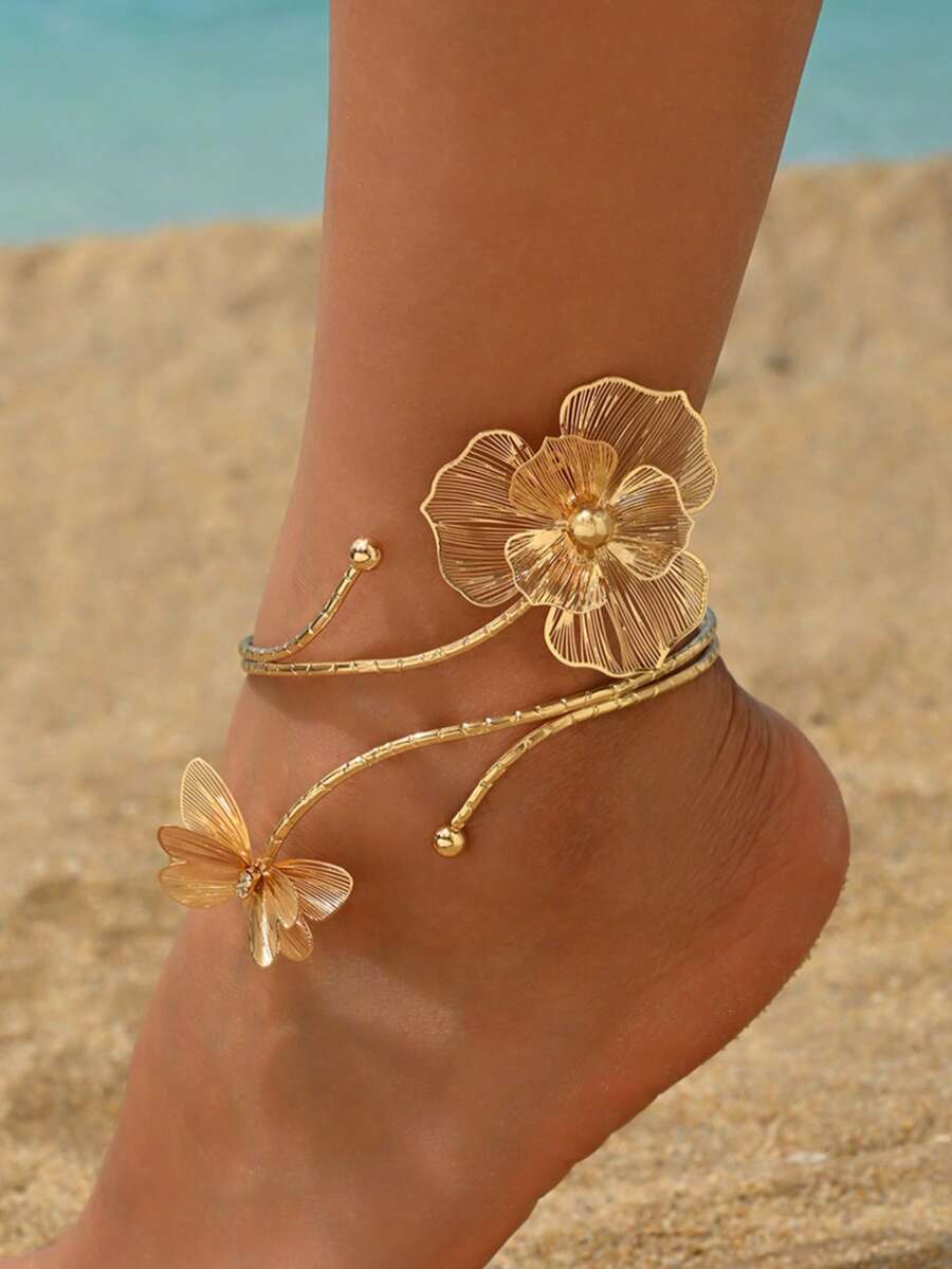 1pc Fashionable & Elegant Adjustable Anklet For Women, Versatile Floral Design With Golden Butterfly Charm, Suitable For Holiday, Beach, Travel Wear - Gold - View 1