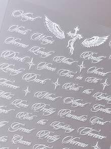 2pcs White English Letter Character Punk Rock Style Italic Calligraphy Wing Nail Stickers, Minimalist DIY Nail Art Decor For Women & Girls - White - View 2