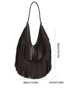 1个棕色时尚女士单肩包，流苏装饰女士手提包，适合骑摩托车、外出、搭配时尚服装 - 棕色 - 查看 3