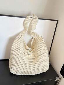Yogodlns Women's Aesthetic Crochet Beach Shopper Tote Knitted Net Underarm Bag For Summer Versatile Shoulder Bag Women's Shoulder Bags Casual Woven Ladies Handmade Totes Large Capacity Summer Beach Female's Messenger Bag , Beach Bag , Crochet, Woven Bag - 米色 - 查看 7