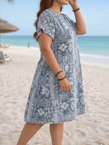 Plus Size Loose V-Neck Floral Print Short Sleeve Dress, Suitable For Spring/Summer Beach Vacation Elegant - Dusty Blue - View 8
