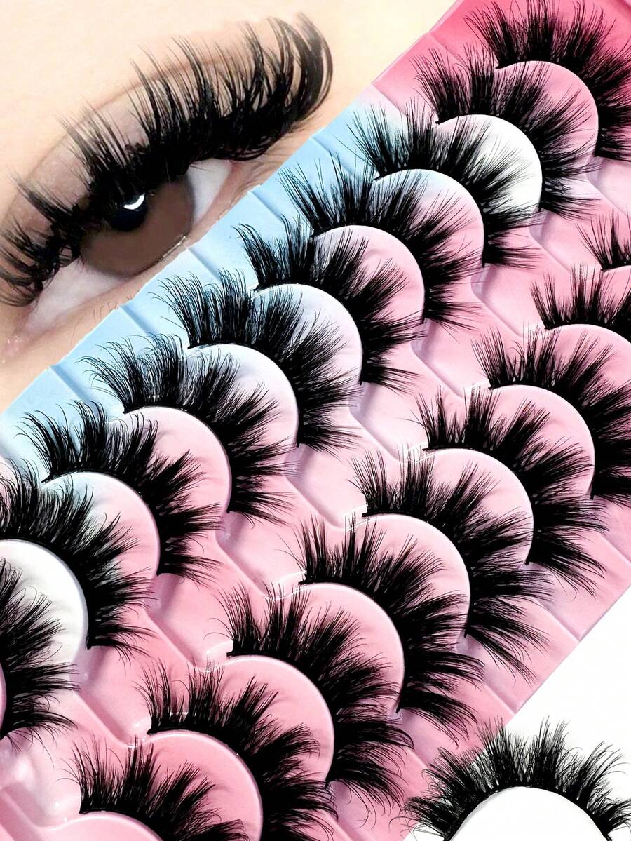 10对卡通风格仿貂毛猫眼假睫毛，自然浓密，旅行必备化妆工具 (MK06) 条状假睫毛，睫毛，假睫毛 - 黑色 - 查看 1