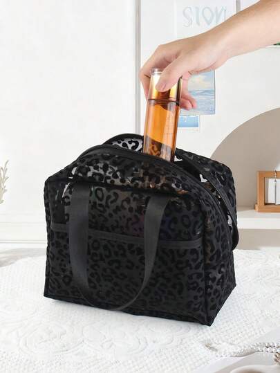 1pc Classic Black Leopard Print Mesh Large Capacity Handheld Makeup Bag, Portable For Travel, Beach Party Storage, Breathable Mesh Suitable For Dorm, Home, Outing, Great Gift For Girls, Recommended Women's Item