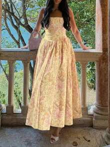 Elegant Floral Print Dress, Casual Dresses For Women, Vacation Dress, Elegant Dresses For Ladies Summer - Yellow - View 2
