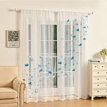 两片海洋主题薄纱窗帘，饰有蓝色鱼群和气泡图案。半透明，清新航海风格，适用于客厅、卧室和餐厅。 - 多色-2pcs - 查看 8