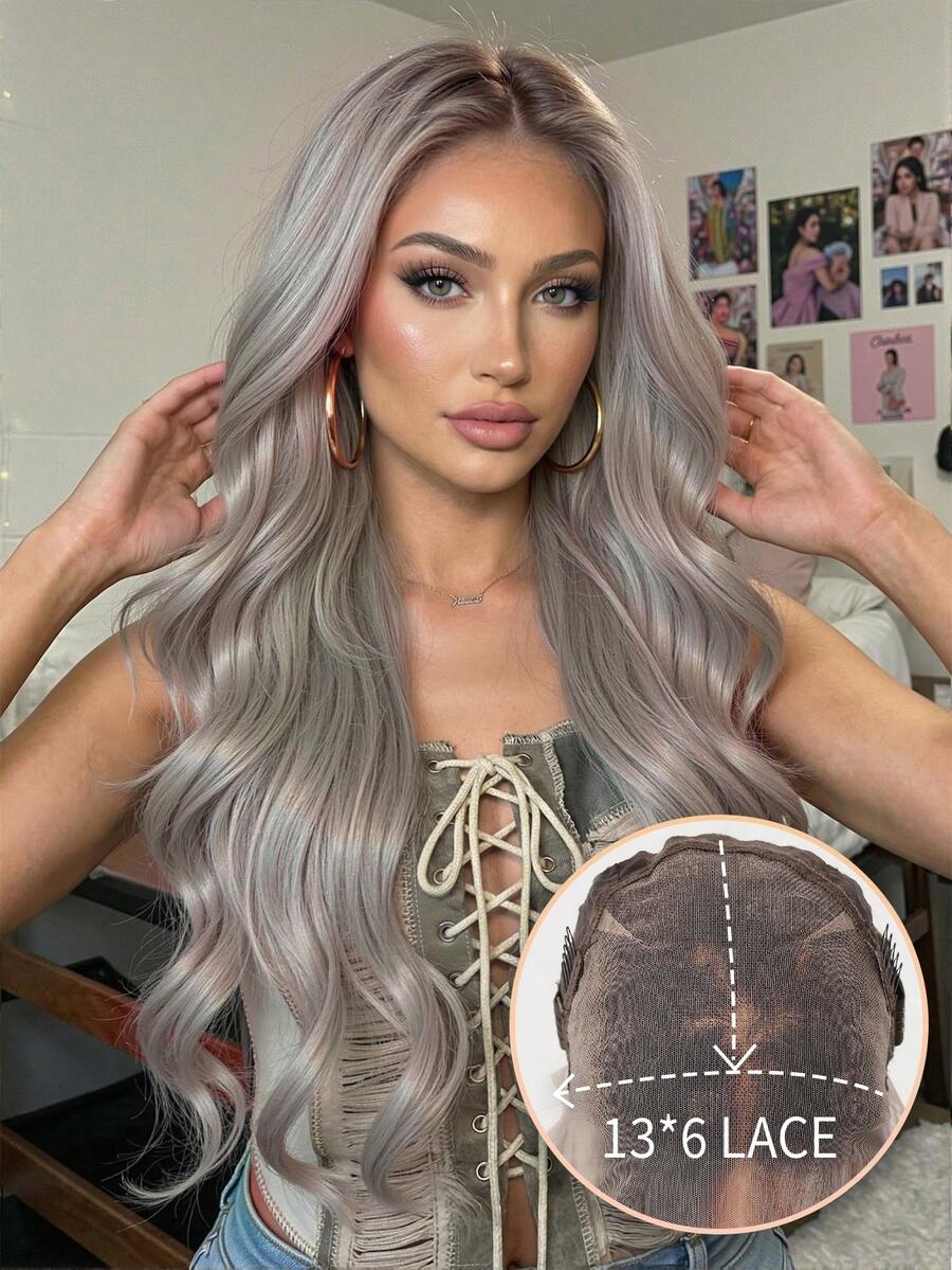 Perucă sintetică 100% importată, perucă frontală cu dantelă 13*6, 26 inch, culoare argintie, peruci sintetice pentru femei, păr natural rezistent la căldură, cosplay, perucă sintetică colorată, păr la temperaturi ridicate, pentru femei, stil de zi cu zi pentru sărbători, perucă sintetică, perucă țesută pentru Halloween și Crăciun - Argint - Vizualizare 1