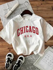 Camiseta de manga corta con cuello redondo y estampado de letras USA - Blanco - Ver 8