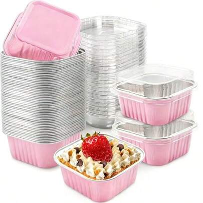 25/50pcs Pink Durable Square Aluminum Foil Baking Cups With Lids - For Cakes, Muffins, Desserts, Christmas, Halloween, Muffin Cups, Dessert Containers, Sturdy Structure, Heat-Resistant Material, Holiday Cooking, Party Planning