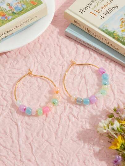 1对彩色串珠耳环，甜美可爱的多巴胺配色方案，适合少女日常佩戴、派对、海滩度假（手工串珠，颜色随机排列）