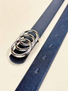 Ladies' Golden Three-Ring Buckle Black Simple Pu Leather Belt For Casual Denim Jeans - Black - View 3