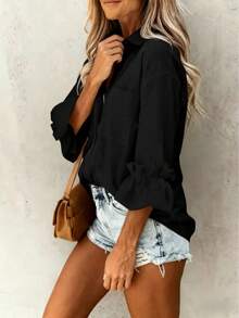 Camisa casual minimalista y encantadora de manga 3/4 con cuello de botones, blusa minimalista de manga 3/4 con puño de volantes, mujer primavera negro - Negro - Ver 3