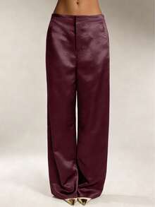 Pantalones de seda de satén de unicolor para mujer con bolsillos y cremallera, adecuados para vacaciones, oficina, brunch, aeropuerto, todas las estaciones primavera - Champán - Ver 8