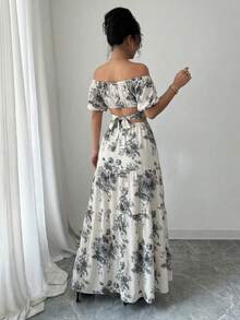 Vacation Style Denim Effect Off-Shoulder Backless Tie-Up Dress For Women, Summer - Multicolor - View 7