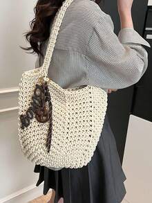 夏季海滩度假手提包，2023新款设计，大容量镂空编织单肩包，通勤两用 - 米色 - 查看 3