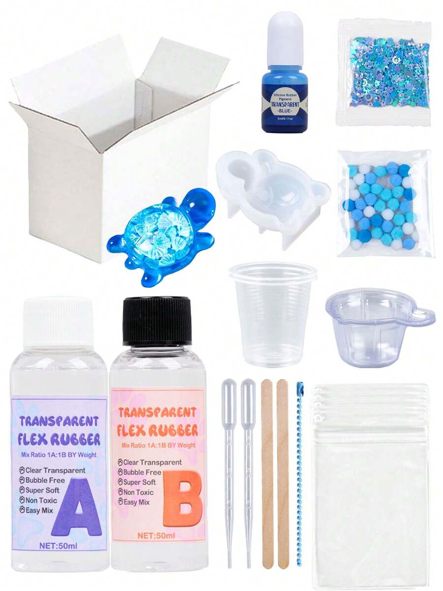 Taba慢回弹软胶玩具套装，DIY慢回弹制作套装，1:1 AB慢回弹树脂凝胶软液体硅胶制作，适用于DIY工艺品、珠宝制作，可制作5只Taba慢回弹软胶龟，非常适合初学者。 - set - 查看 1