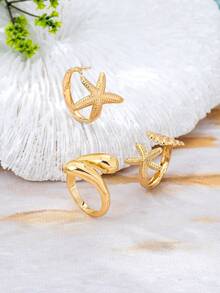 3pcs Minimalist Gold-Tone Beach Vacation Theme Starfish Shell Water Drop Thick Solid Metal Rings Set, Suitable For Women, Chunky Smooth Matte Finish Heavy Alloy Material Rings Set - Yellow Gold - View 4