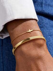 2pcs/Set Gold Stainless Steel 18K Gold Plated Cross Pendant Bracelet & C-Shape Bangle Set, Men's Business Minimalist Versatile Suitable For Daily Wear, Sports, Dates, Holidays - Gold - View 2