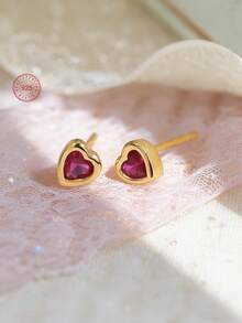 Artepollo 1 par de pendientes de botón de corazón rojo de plata de ley 925 hipoalergénicos, con caja de regalo, incrustados con circonita brillante, lindos y elegantes, adecuados para uso diario u ocasiones festivas, regalo para niñas, amigas, vuelta al colegio - Dorado - Ver 1