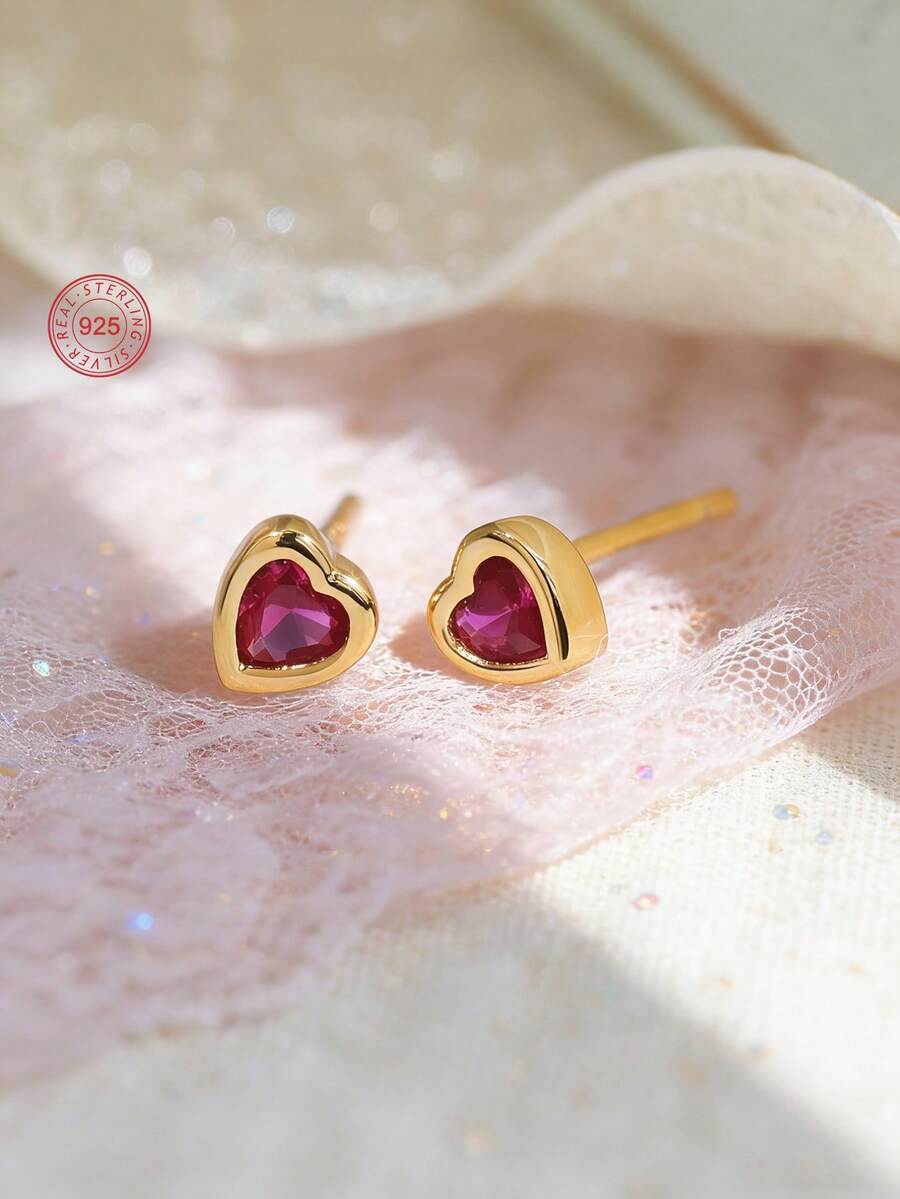 Artepollo 1 par de pendientes de botón de corazón rojo de plata de ley 925 hipoalergénicos, con caja de regalo, incrustados con circonita brillante, lindos y elegantes, adecuados para uso diario u ocasiones festivas, regalo para niñas, amigas, vuelta al colegio - Dorado - Ver 1