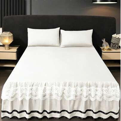 1pc Soft Lace Ruffled Bed Skirt, Solid Color Elastic Bed Skirt, Comfortable Bed Cover, Lace Elastic Bed Skirt, Selected Skin-Friendly Brushed Fabric, Four-Corner Tie Design Easily Fixes Mattress And Prevents Displacement, Princess Lace Style Bed Skirt Suitable For Home, Hotel Bedroom, Can Replace Lace Decorative Elastic Bed Sheet, Easy To Fit Dust Ruffle