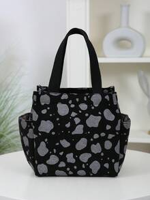 DLIU Tela de pana con estampado floral grueso, bolso de mano de estilo minimalista y retro, bolsa de almuerzo, con cremallera semi sellada, bolsillos a ambos lados, bolsa de compras portátil, bolsa multiusos, bolsa de almuerzo, adecuada para salidas, compras, escuela, trabajo, uso diario, gran capacidad, bolsa cuadrada de mano, contenedor de almuerzo aislado, bolsa de almuerzo, bolsa de picnic, bolsa refrigeradora para escuela, artículos esenciales de verano - Negro - Ver 4