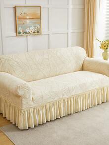 1pc Jacquard Leaf Pattern Ruffled Elastic Sofa Cover, Dust-Proof And Dirt-Resistant, Stretch Full Coverage Sofa Protector, Home Decor, Machine Washable, Pillow Cover Not Included - Creamy White - View 6