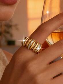 1pc Creative Multi-Level Lines Gold Plated Openable Rings Old Money Style Cubic Zirconia Women Ring For Birthday Festival Mother's Day Anniversary Gifts Copper Jewelry - Yellow Gold - View 5