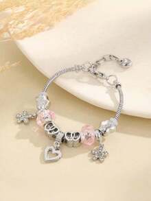 1件装时尚百搭女士DIY串珠畅销合金熊心形水晶花朵吊坠铜链手链 - 奢华女士魅力饰品，适合日常和派对佩戴 - 彩色 - 查看 4