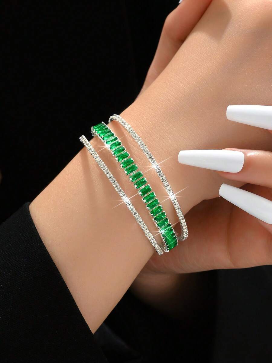 INN NEVV 1pc Women's Fashion Zirconia Embellished Adjustable Open Bangle Bracelet, Suitable For Outdoor Wear - Green - View 1