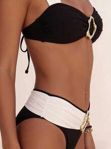 Wohenmeili Contrast Color Patchwork Metal Decor Women's Bikini Set High Cut Swimsuit Vacation Beachwear Sexy Two Piece Swimwear 2026 New Arrival - 黑與白 - 查看 9