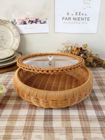 Handwoven Storage Basket With Transparent Lid, Reinforced Storage Basket, Home Decor, Suitable For Living Room, Bedroom, Garden, Camping, Party, Multipurpose Indoor And Outdoor Use Basket, Kitchen Storage Basket, Gift Basket, Decorative Basket, Lightweight Structure, Elegant And Exquisite, Suitable For Tabletop Decor In Spring, Summer And All Holidays