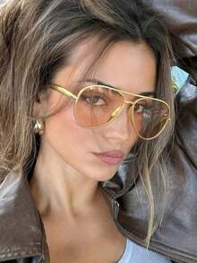 1 Pair Women's Gold Round PC Retro Double Bridge Solid Color Fashionable Fashion Glasses - 金子 - 查看 6