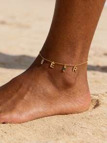 Vòng chân khắc chữ cái đầu tên và đá sinh nhật theo yêu cầu, vòng chân chữ cái tùy chỉnh, trang sức đá quý hình chữ nhật, quà tặng cho phụ nữ. - vàng vàng - Xem 2