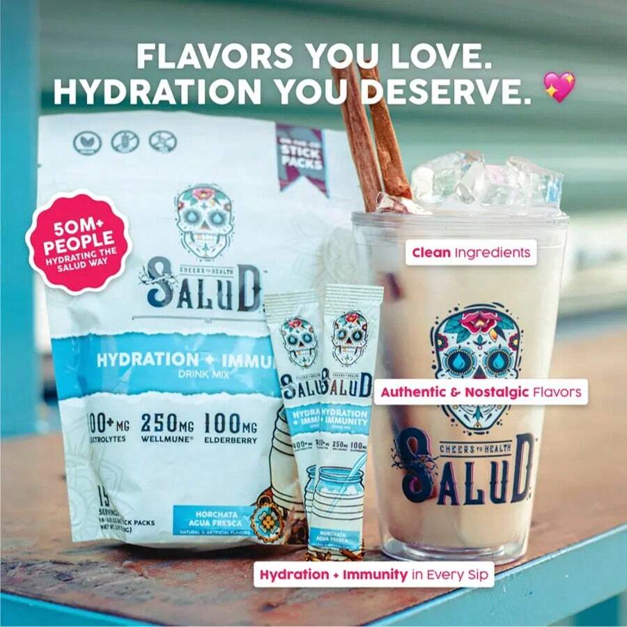 Salud 2-In-1 Hydration Packets + Immunity Electrolytes Powder, Horchata - Agua Fresca Drink Mix, Elderberry, Dairy & Soy Free, Non-GMO, Gluten Free, Vegan, Low Calorie, 1g Sugar (15 Servings) - 歐洽塔 - 查看 1