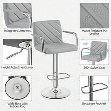 Barstools Set Of 2, Modern Height Adjustable Swivel Bar Chairs, Faux Leather Counter Stools With Backrest And Footrest - Light Grey With Armrest - View 5