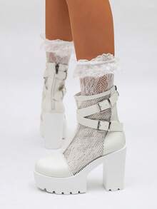 [Phong cách cô gái ngọt ngào & cá tính] Giày bốt cổ ngắn đế xuồng lưới trắng, sandal đế xuồng dày có khóa đôi chống thấm nước, giày cao gót lưới thoáng khí mùa hè, bốt cổ ngắn ôm dáng có khóa kéo phía sau, bốt nữ đa năng phong cách punk cá tính - trắng - Xem 5